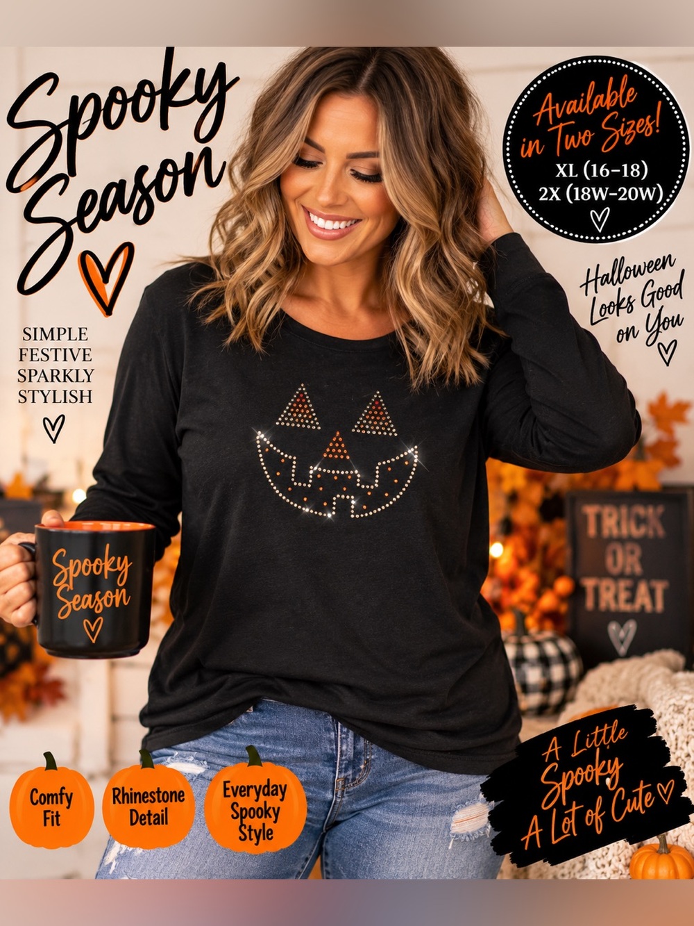 Halloween Rhinestone Jack O Lantern Black Long Sleeve Top XL or 2X Plus Size